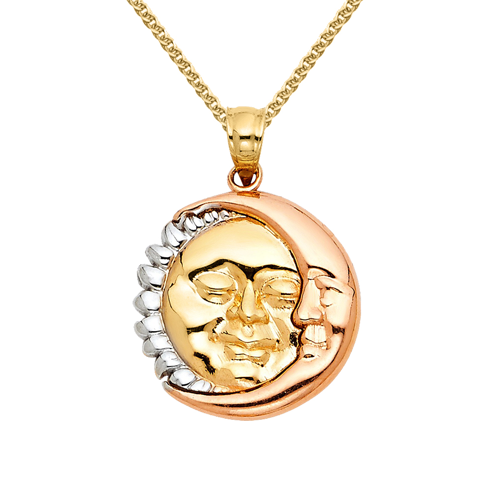 Precious Stars Jewelry 14k Tri-tone Gold Polished Sun and Moon Pendant with Flat Wheat Chain