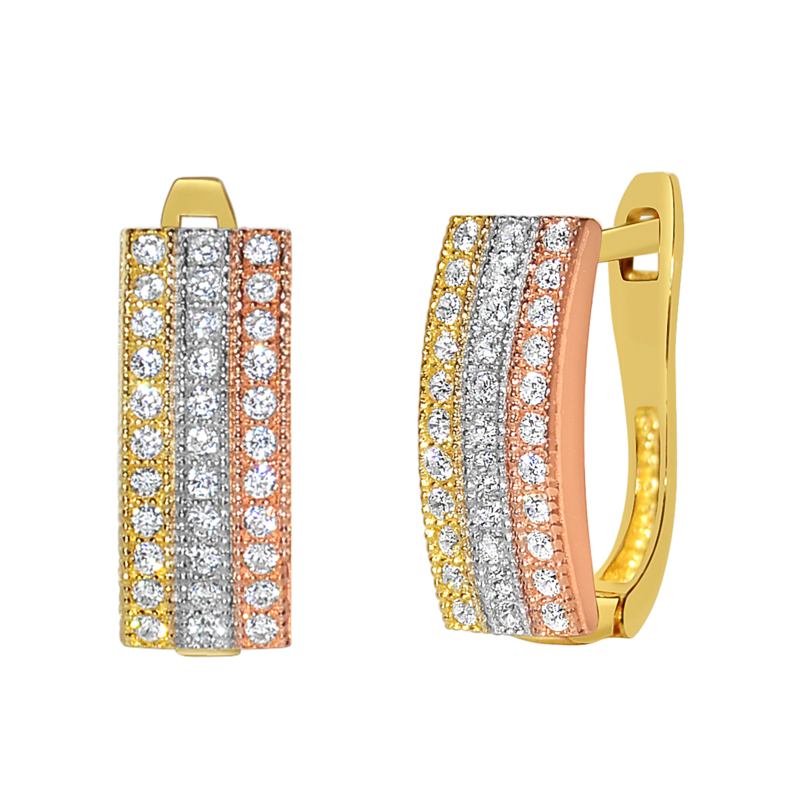 14k Tri-tone Gold Cubic Zirconia Semi Hoop Earrings 6 mm