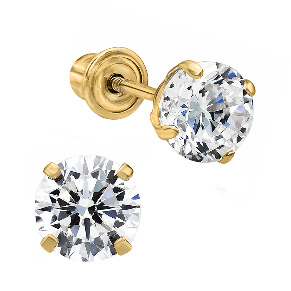 14k Yellow Gold Cubic Zirconia 8mm Solitaire Screwback Earring Studs