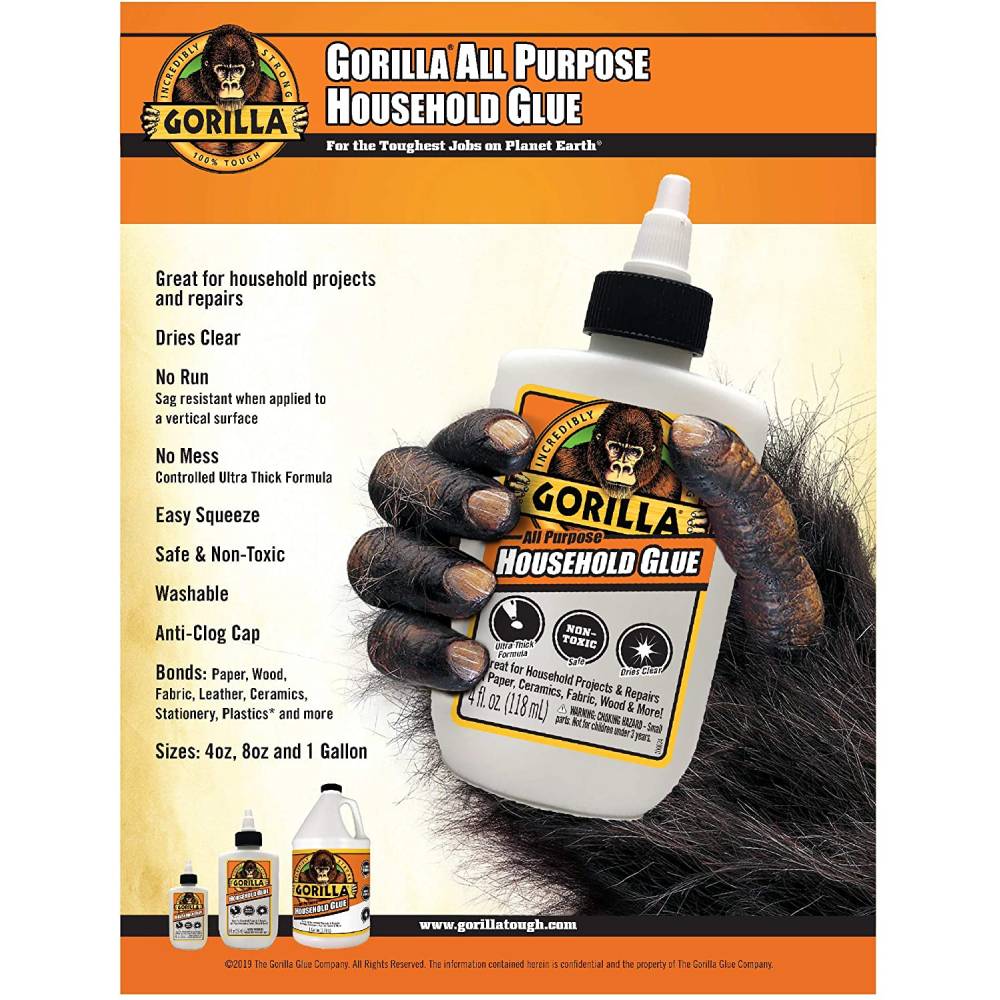 Gorilla Household Glue Thick Formula Dries Clear Anti Clog Cap 7.75 Oz