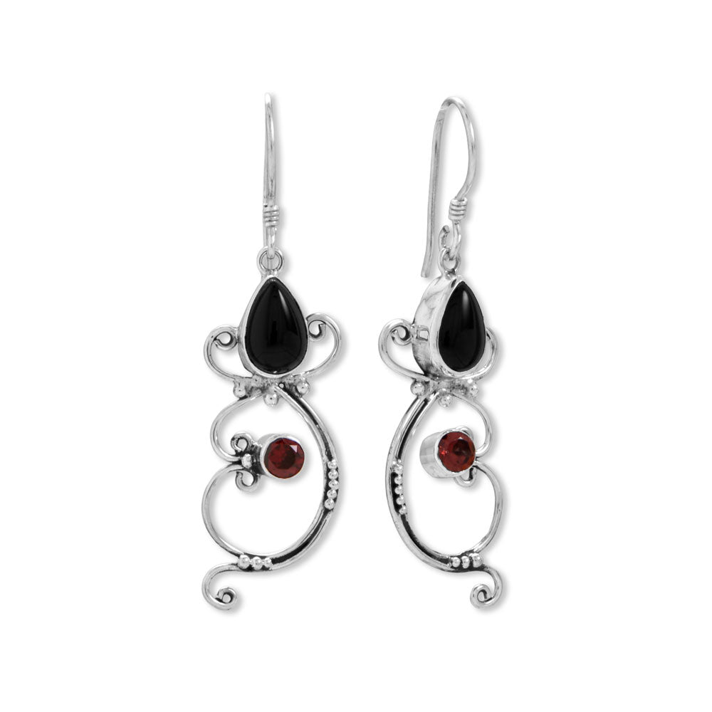 Black Onyx and Garnet Handmade Bali Dangle Earrings Sterling Silver