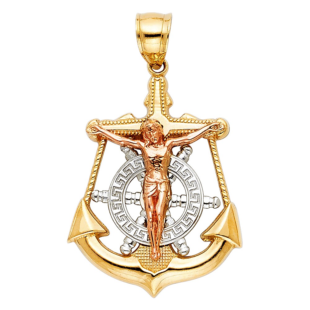14k Two-Tone Gold Nautical Anchor & Jesus Pendant - 26mm Length, 2.2 Grams